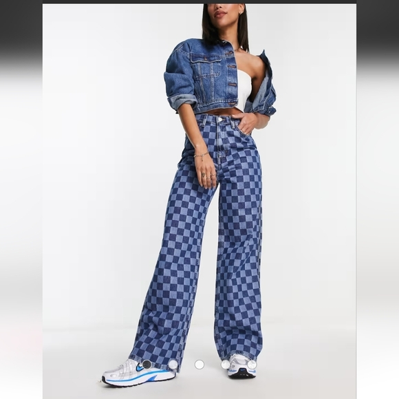 Tommy Jeans cotton claire high rise wide leg jeans in checkerboard print - Picture 1 of 5